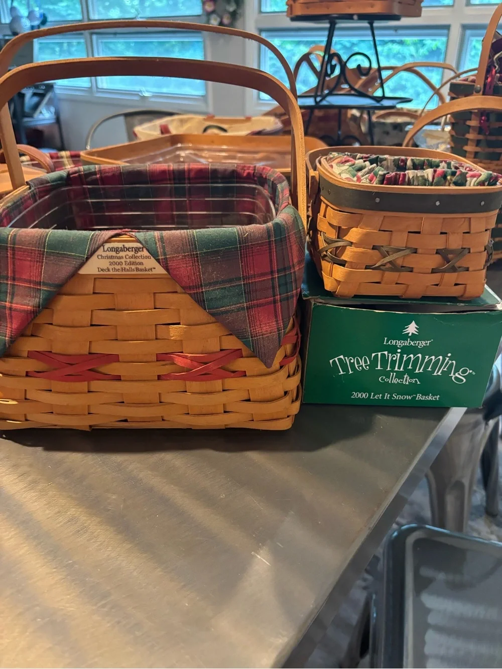 Longaberger Plaid-Lined Woven Basket Set in Red and Green